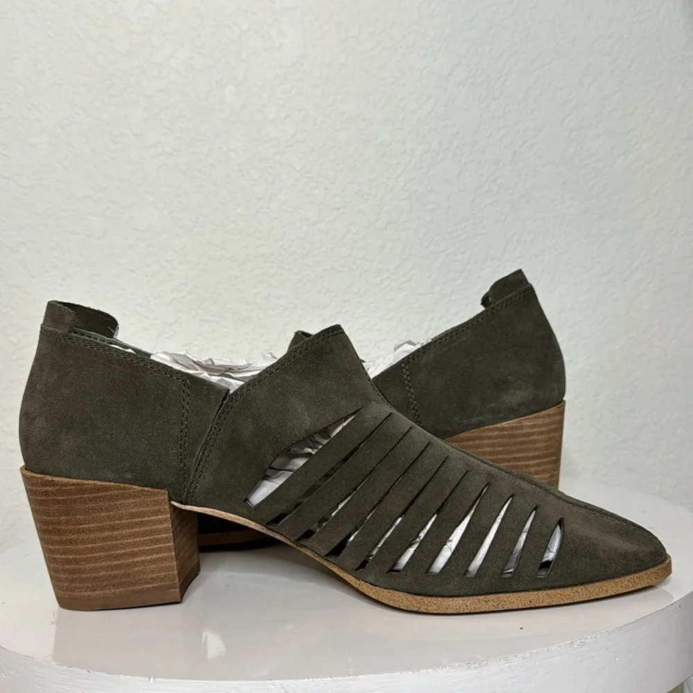 1. STATE ARNET OLIVE SUEDE LASER CUT POINTED TOE  HEELED ANKLE BOOTIE - Picture 6 of 14